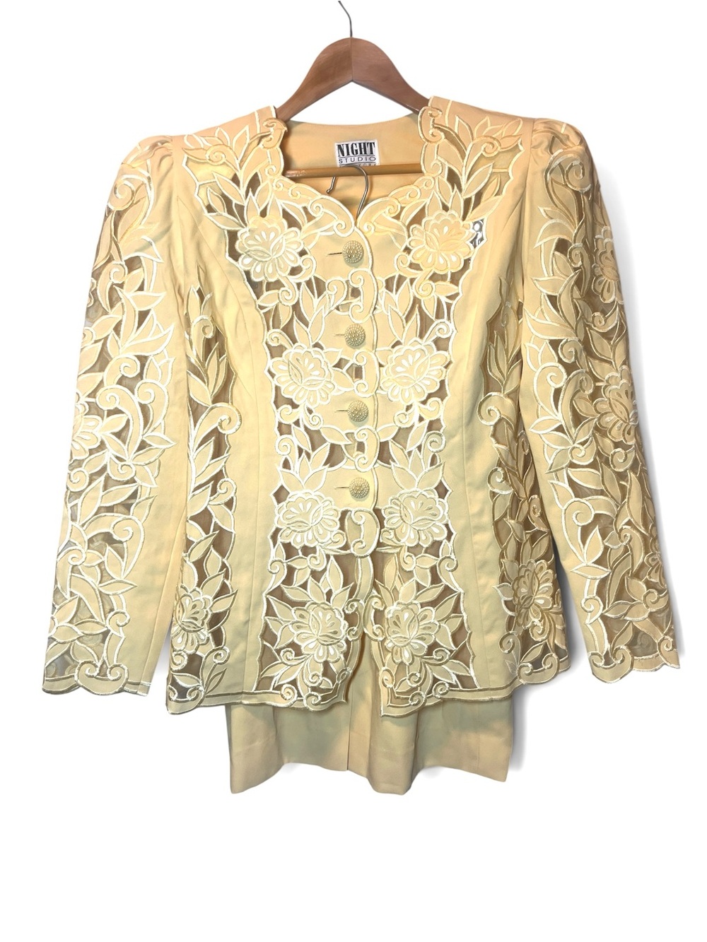 Vintage 2 PIece Night Studio Yellow Floral Lace Button-Up‎ Jacket Suit Dress 12